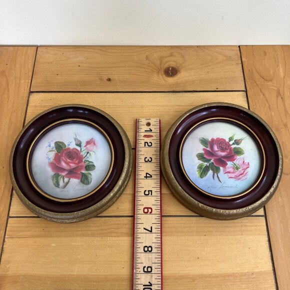 Rose Flower Original Pastel Art Signed Round Gesso Picture Frame Vintage Setof 2 - Picture 4 of 7